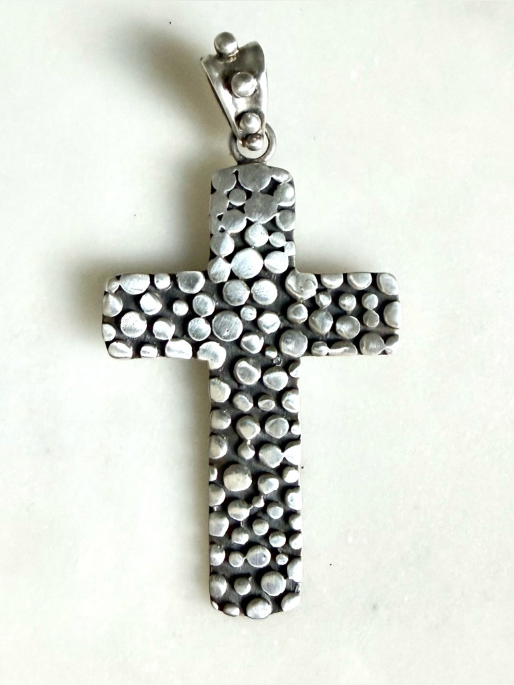 Vintage Unisex Large Sterling Silver 925 Bali Style Pebbled Cross Pendant
